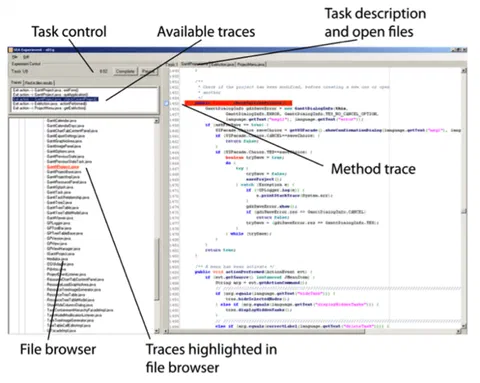 Screenshot des im Experiment eingesetzten Traceability-Tools mit Traces in einem separaten Panel neben dem Quellcode