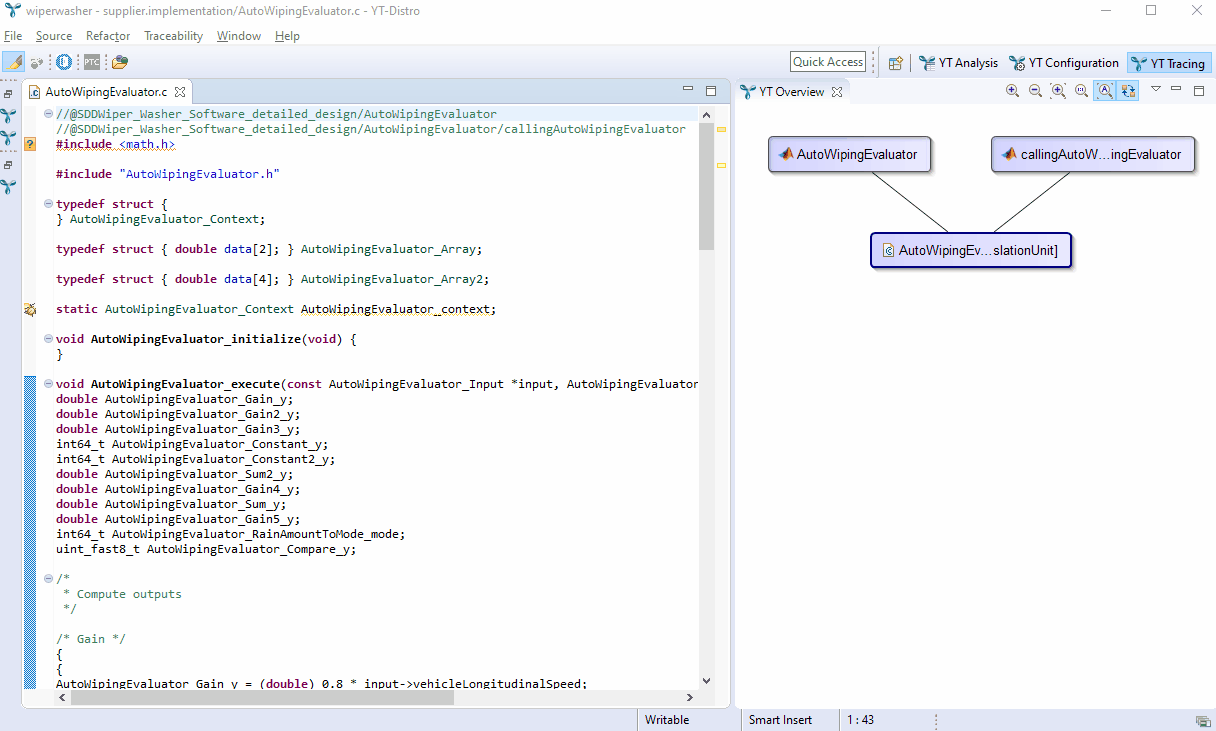 Animation showing cross-tool navigation from IDE source code via Simulink model elements to requirements in IBM DOORS