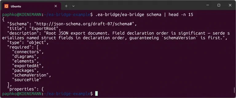 The JSON schema of the EA Bridge in a terminal on Ubuntu