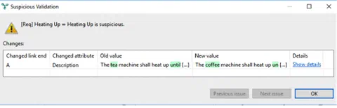 Screenshot of itemis ANALYZE Suspicious Validation Prompt informing the user about important changes