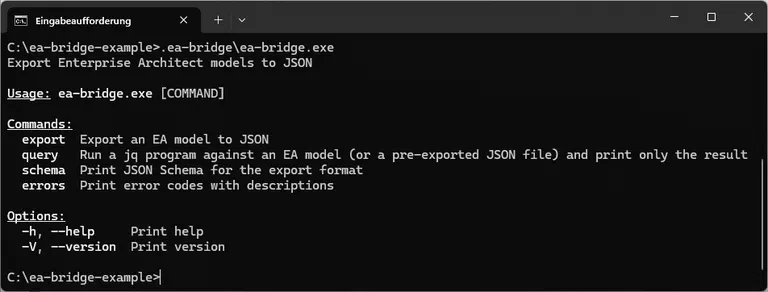 The available command-line arguments, shown here on Windows via ea-bridge.exe