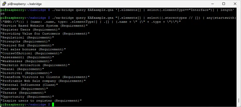 The same queries on a Raspberry Pi: the ARM-Linux binary counts and lists the interfaces in the model and outputs only the result