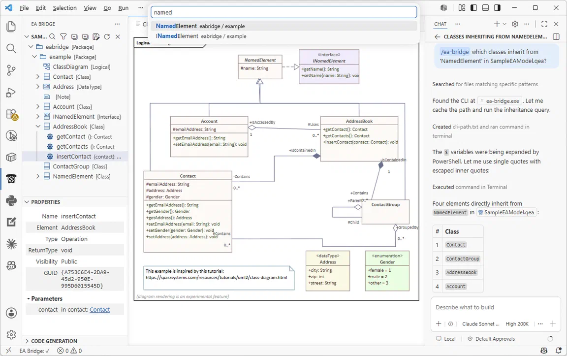 The model in VS Code: model tree, Properties View, rendered diagram, search field and AI skill