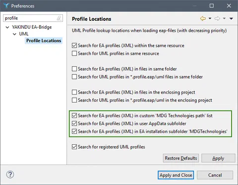 EA-Bridge Eclipse preference dialog with UML profile options