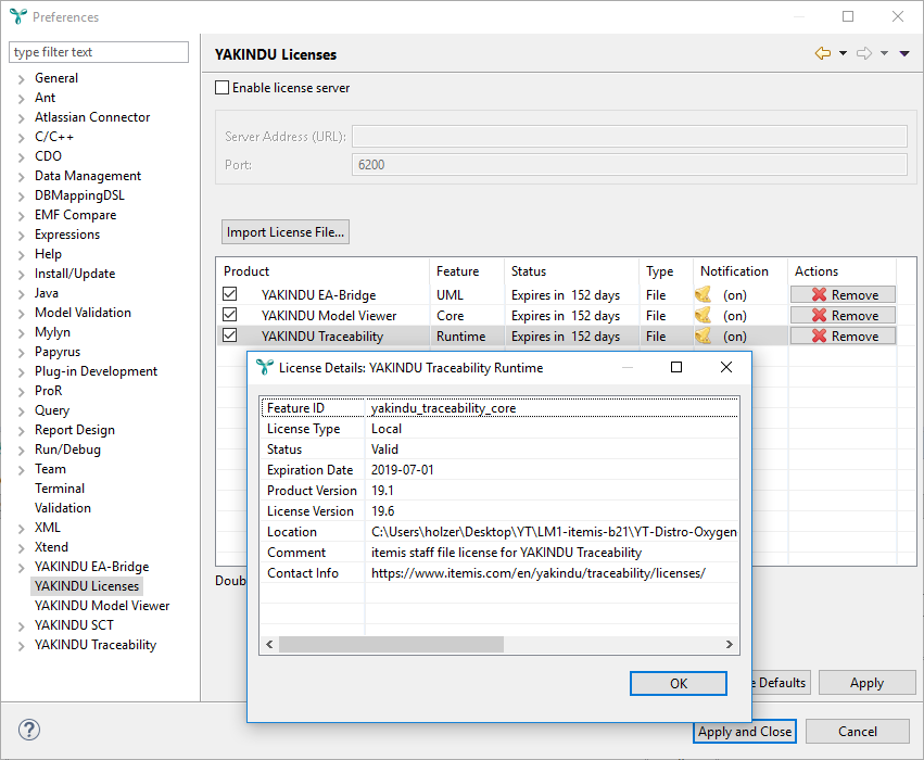 license details dialog