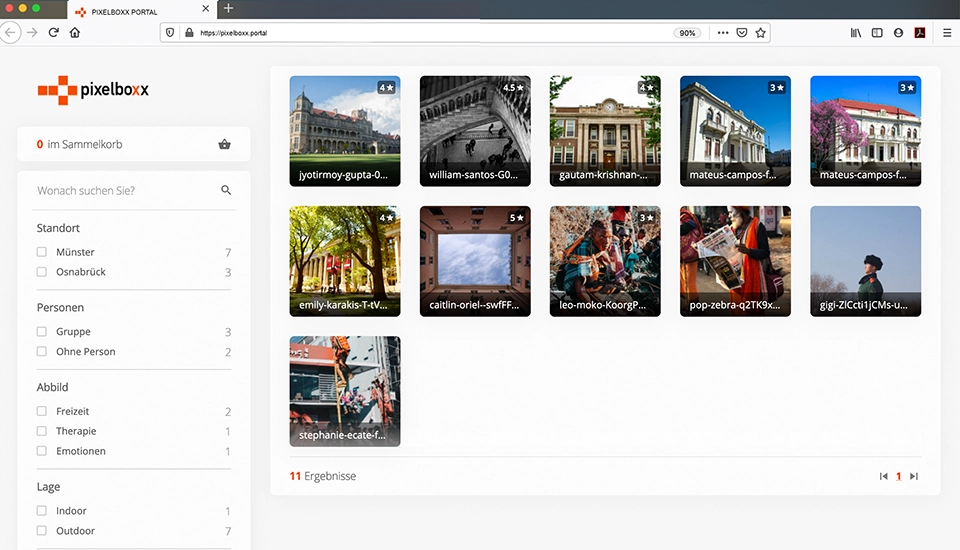Screenshot from the Pixelboxx frontend showing multiple media items in a tile layout.