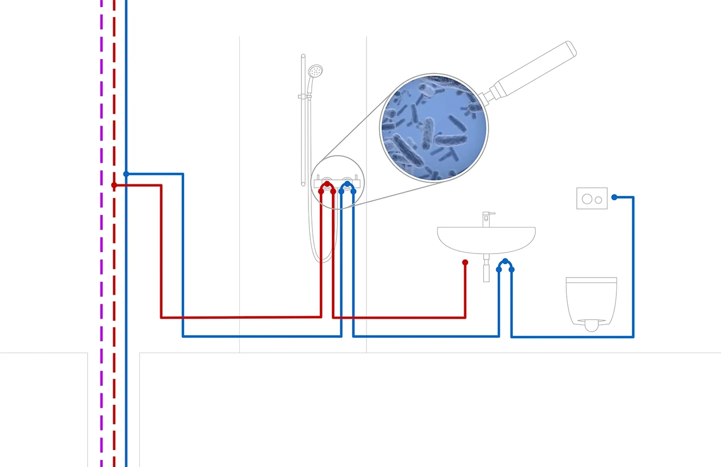 Illustration of a water circuit in buildings. A magnifying glass symbolising the presence of bacteria. Draws attention to the problem of stagnant water.