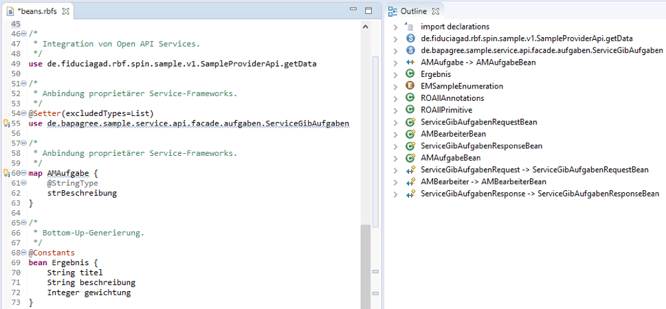 Screenshot of the Fiducia RBF service DSL in the editor and the model outline.