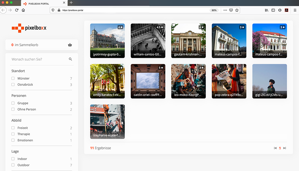 Screenshot aus dem Frontend der Pixelboxx, in dem mehrere Medien ich Kacheloptik angezeigt werden