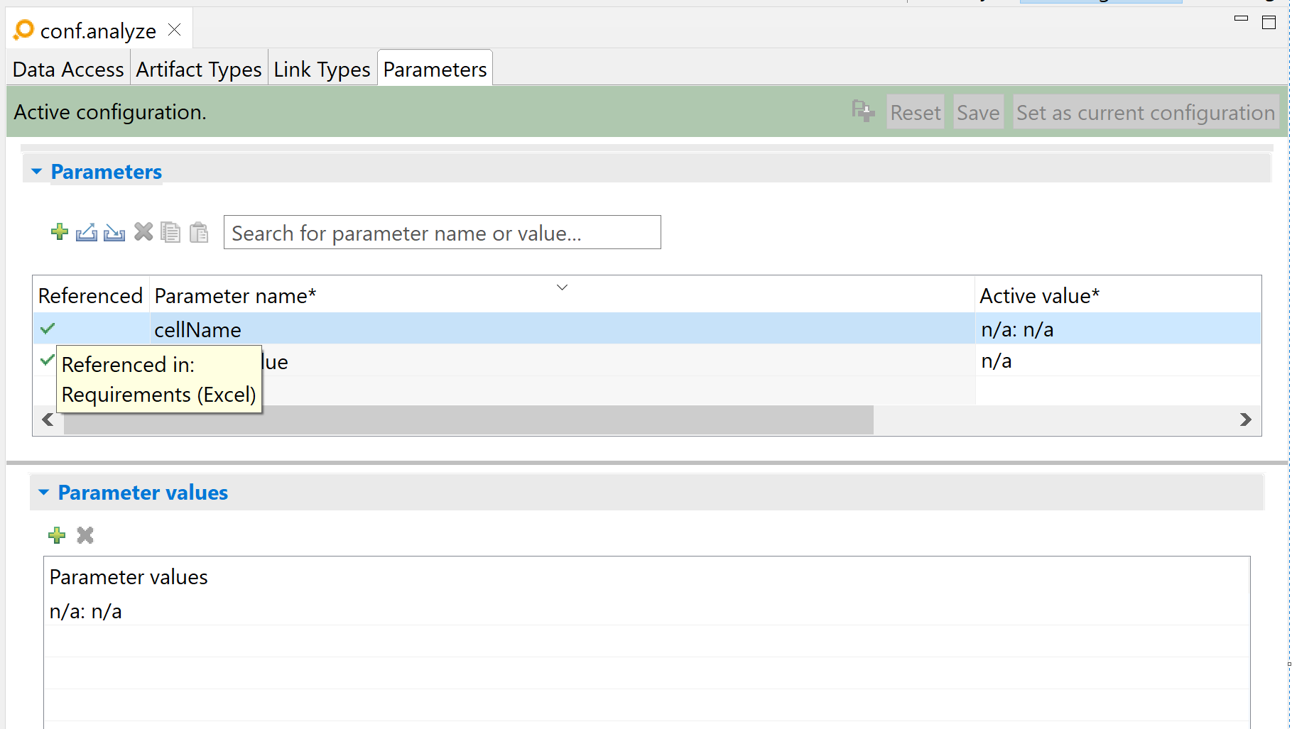 The "Parameters" tab in the "ANALYZE Configuration" editor