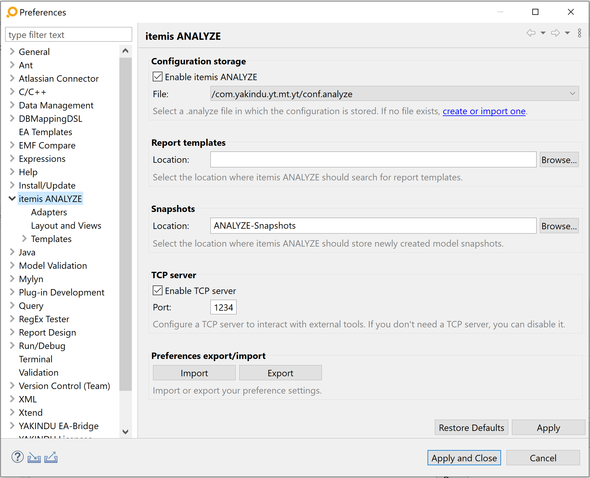 The preferences page for general ANALYZE preferences