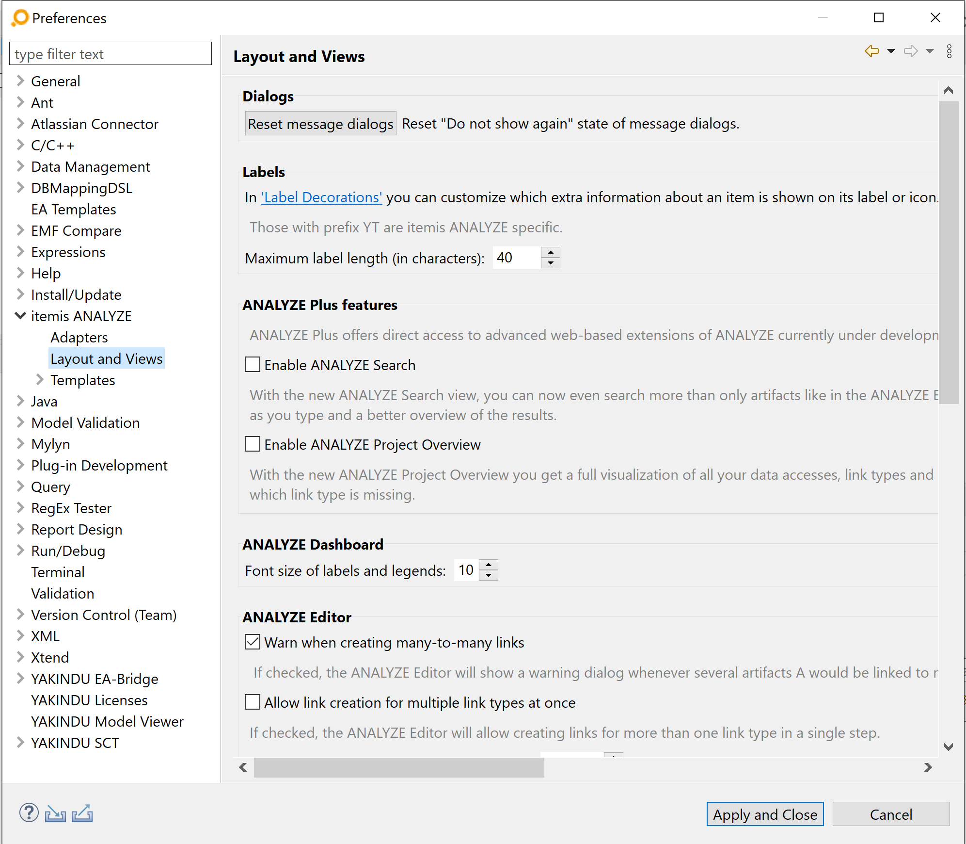 The preferences page for layout and views