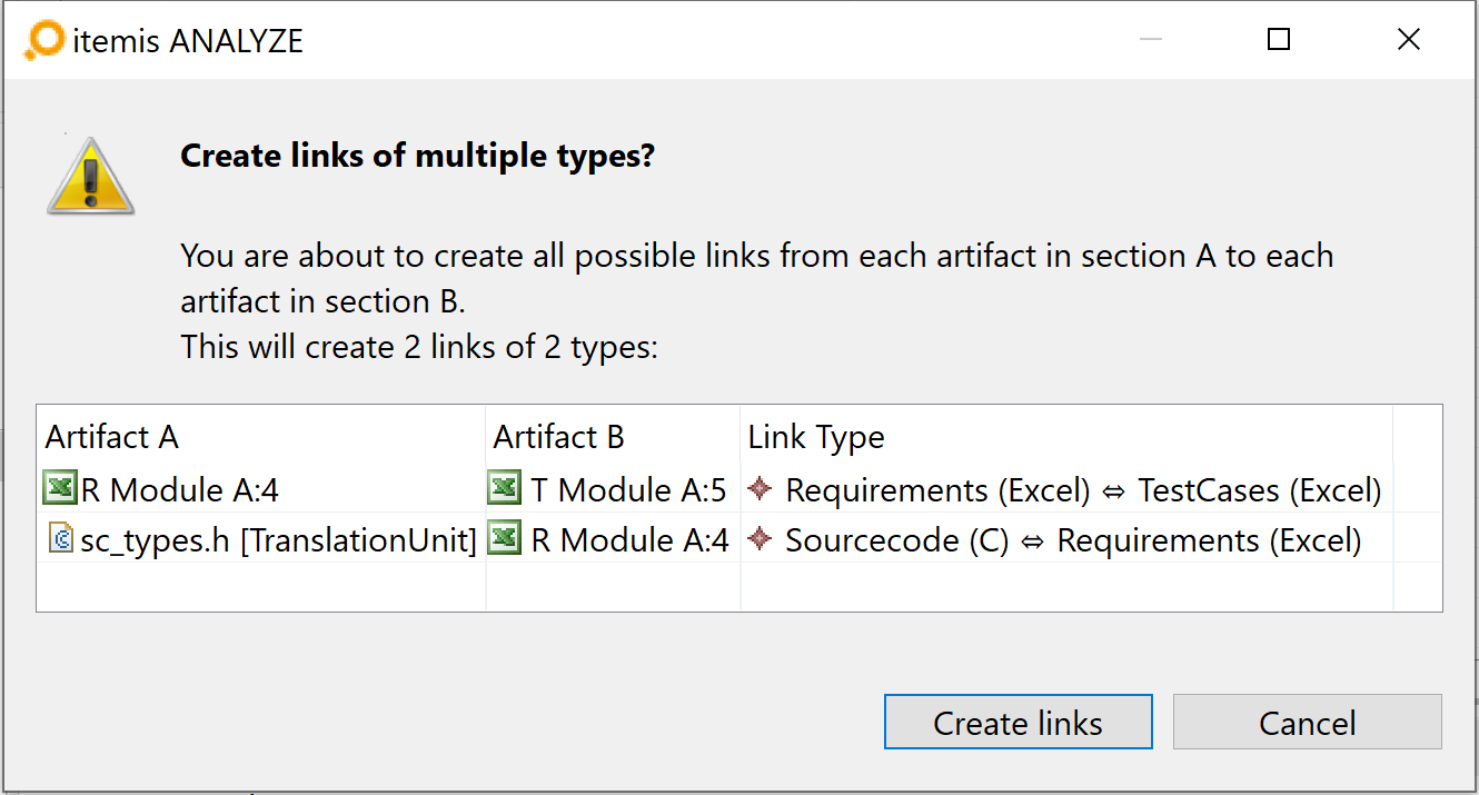 Link creation confirmation dialog