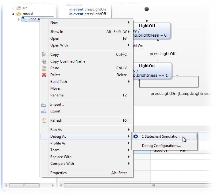 Starting a simulation in debugging mode