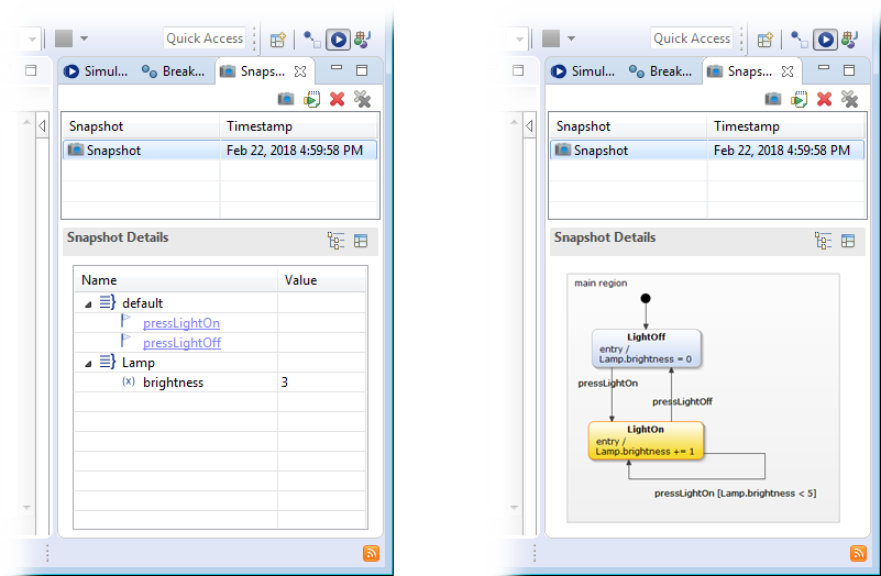 Inspecting snapshot details: variables overview [left], states overview [right]