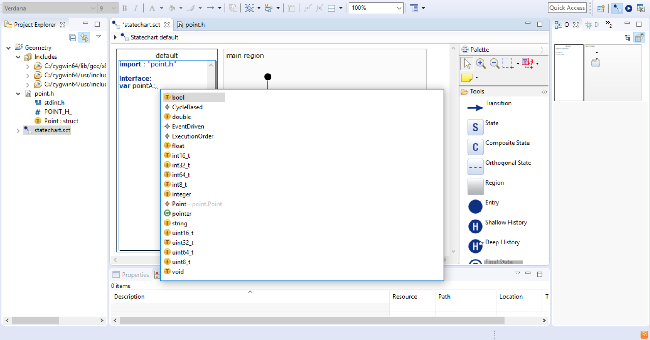 Using content assist to display available types