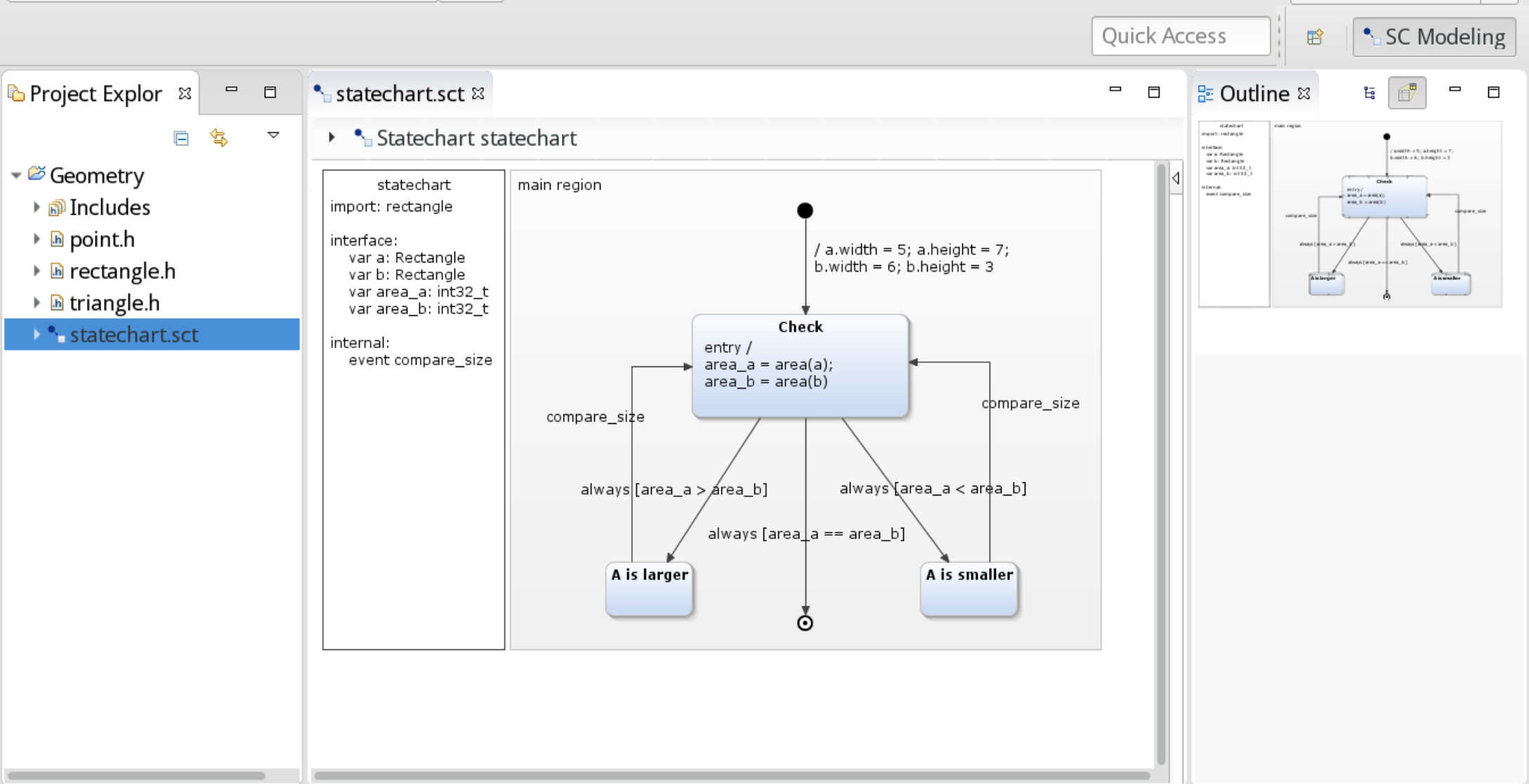 Example calling the "area" function