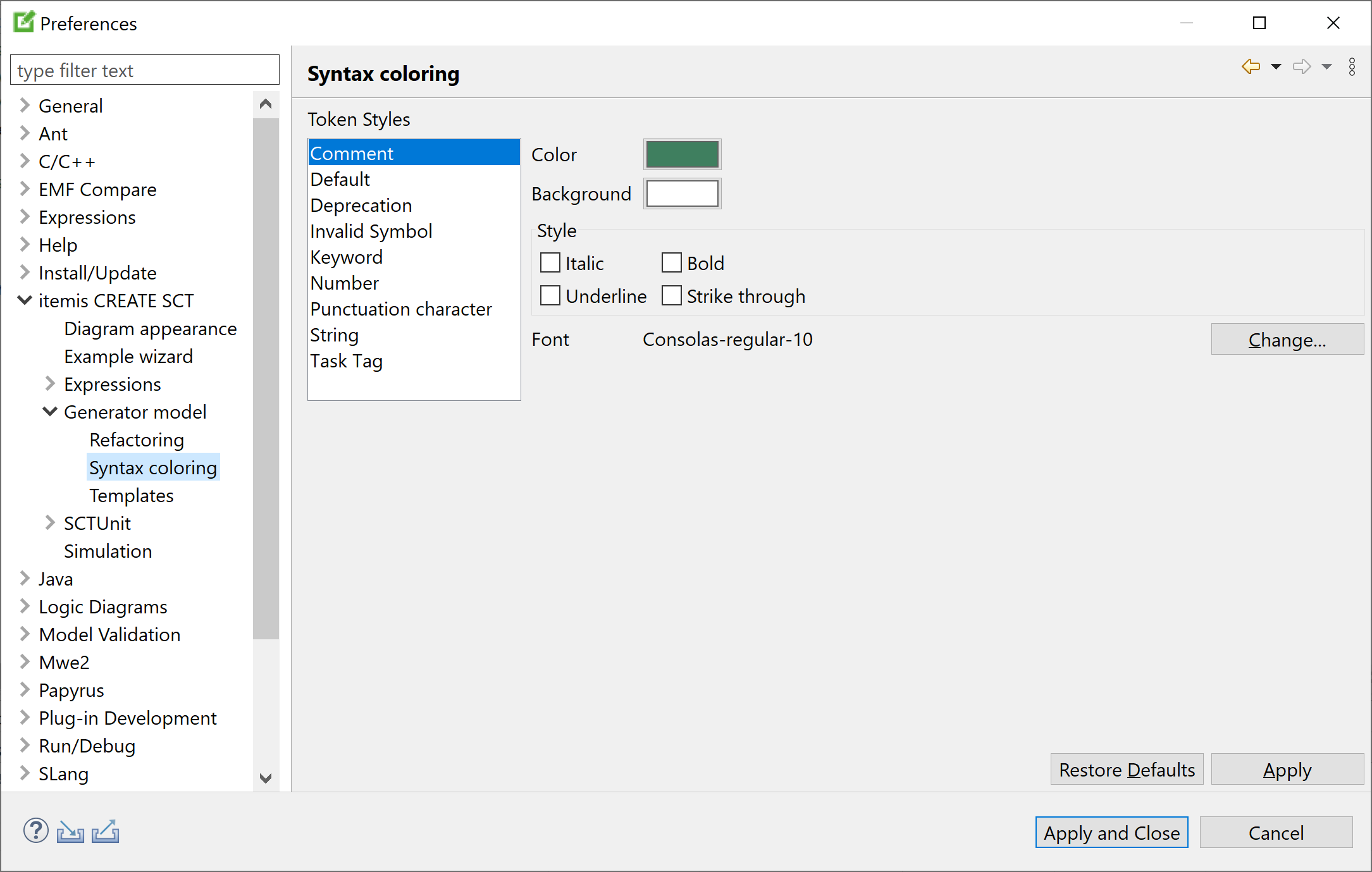 Preferences: Generator model syntax coloring