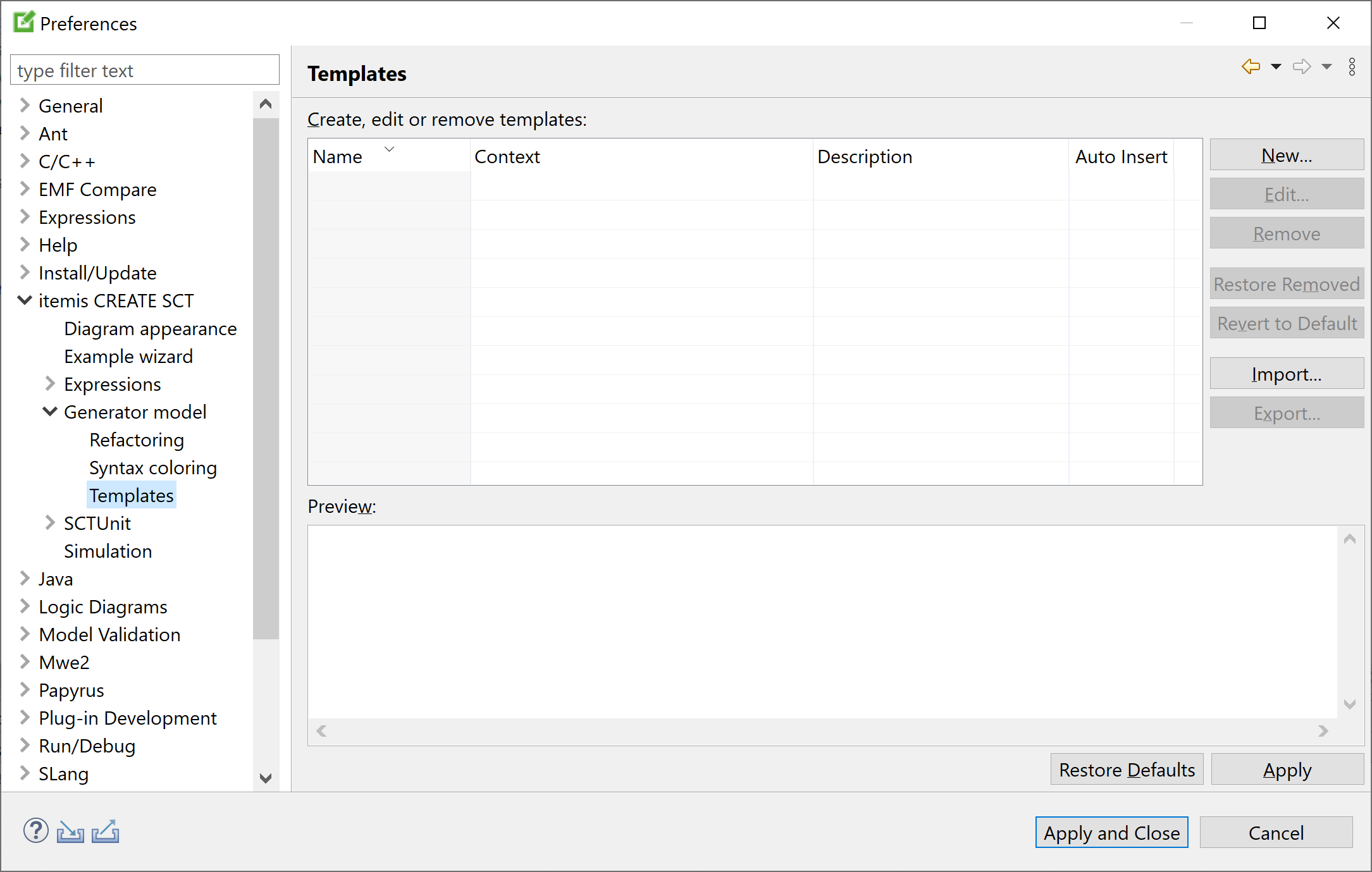 Preferences: Generator model templates