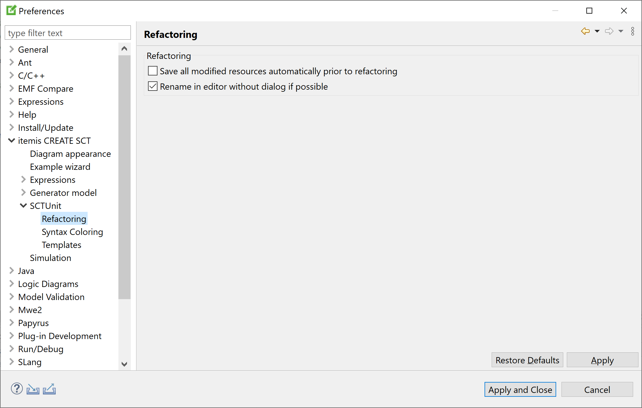 Preferences: SCTUnit refactoring