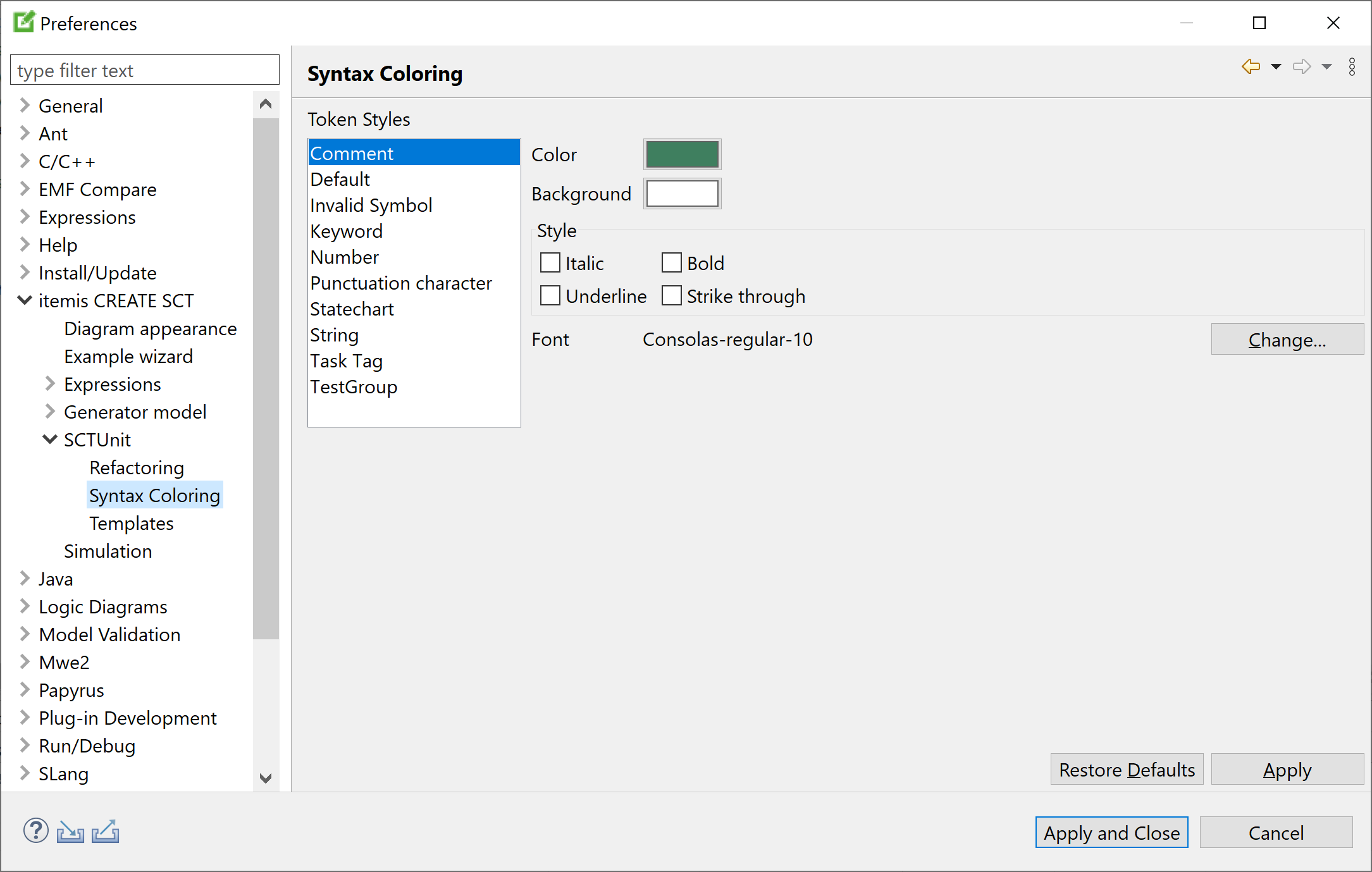 Preferences: SCTUnit syntax coloring