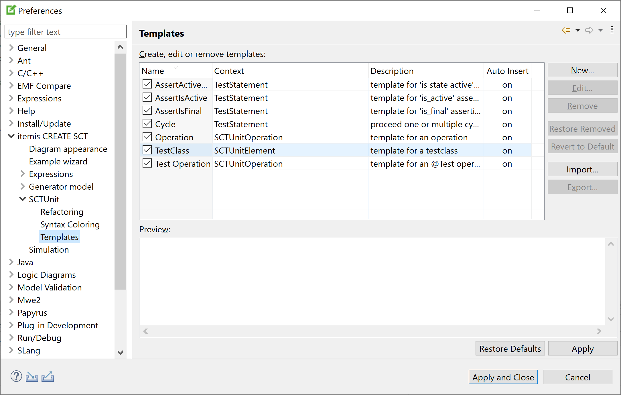 Preferences: SCTUnit templates