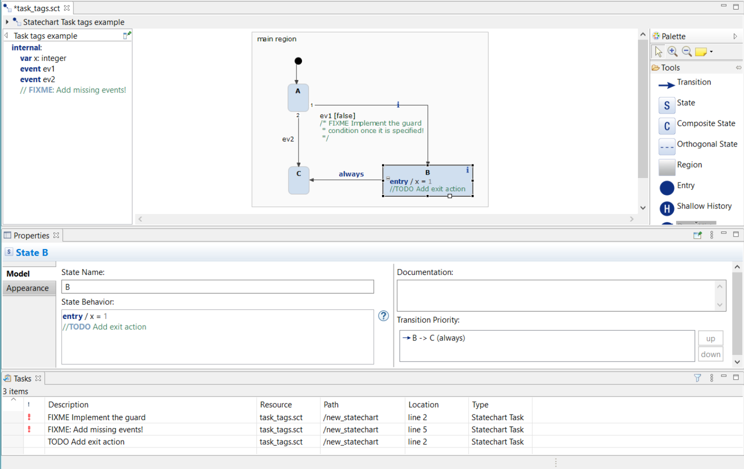 Tasks defined by tags in the statechart showing up in the "tasks" view