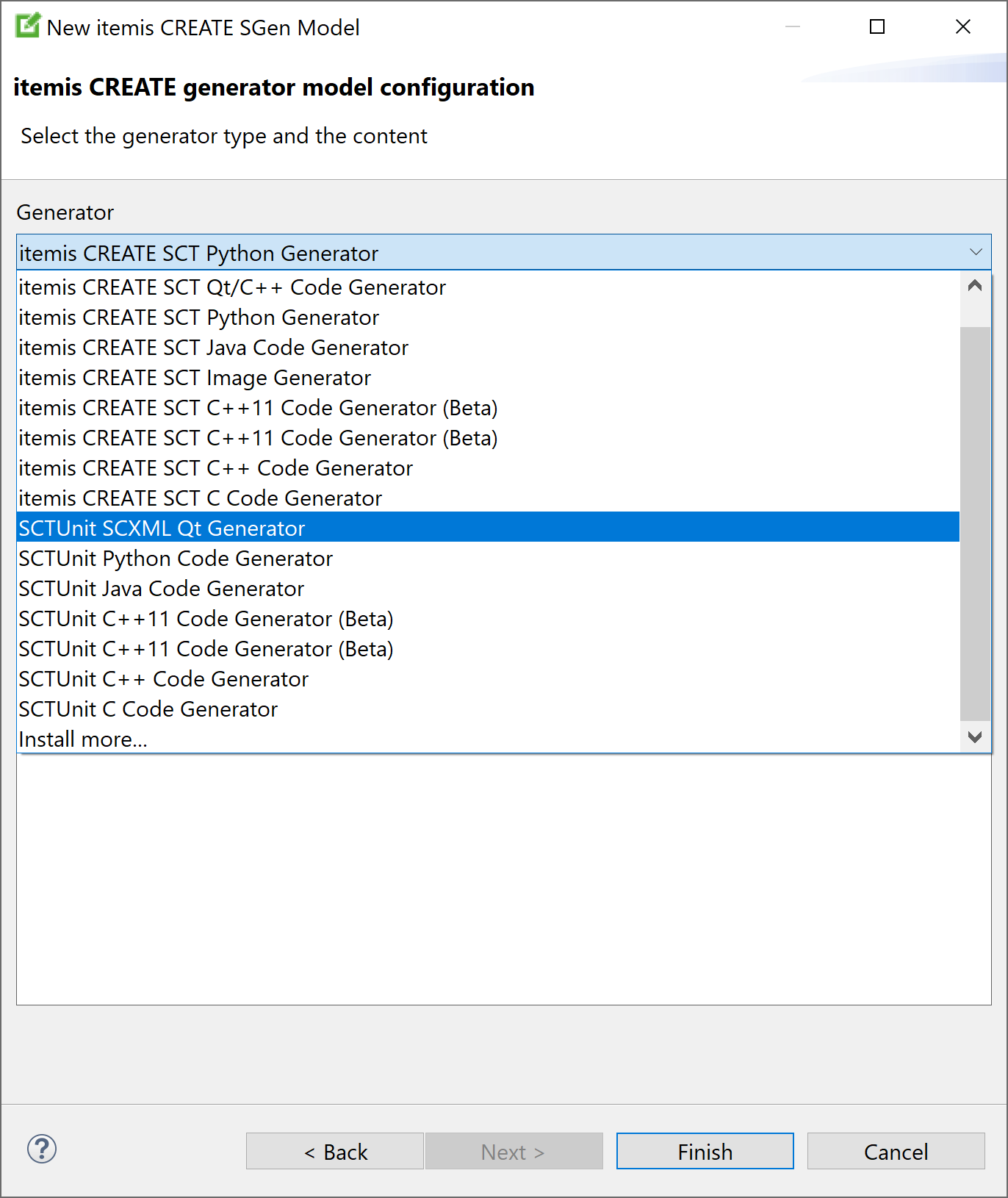 Selecting code generator and statecharts