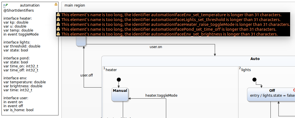 Warnings for elements in the definition section