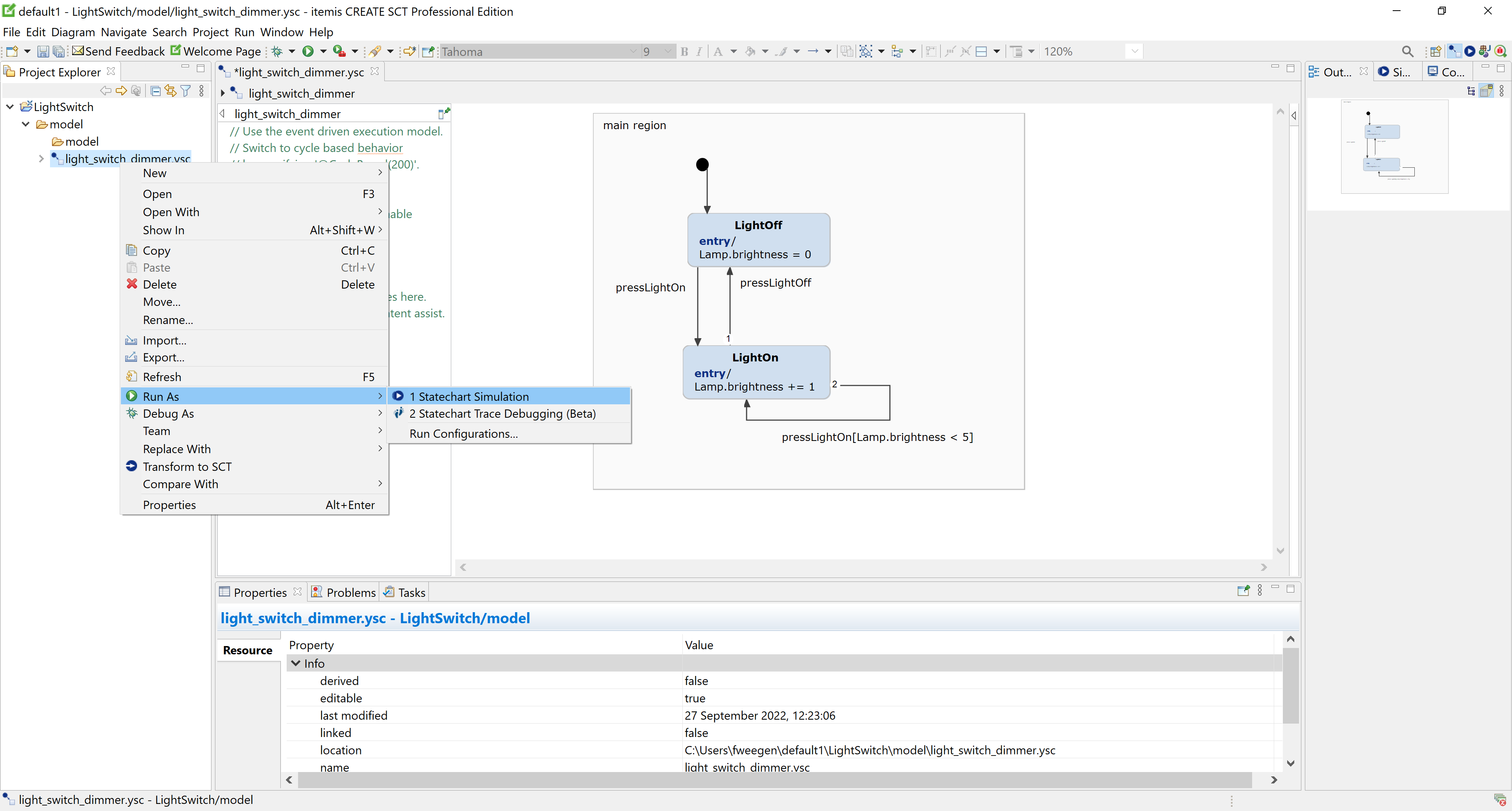 Selecting "Run As → Statechart Simulation" in the context menu