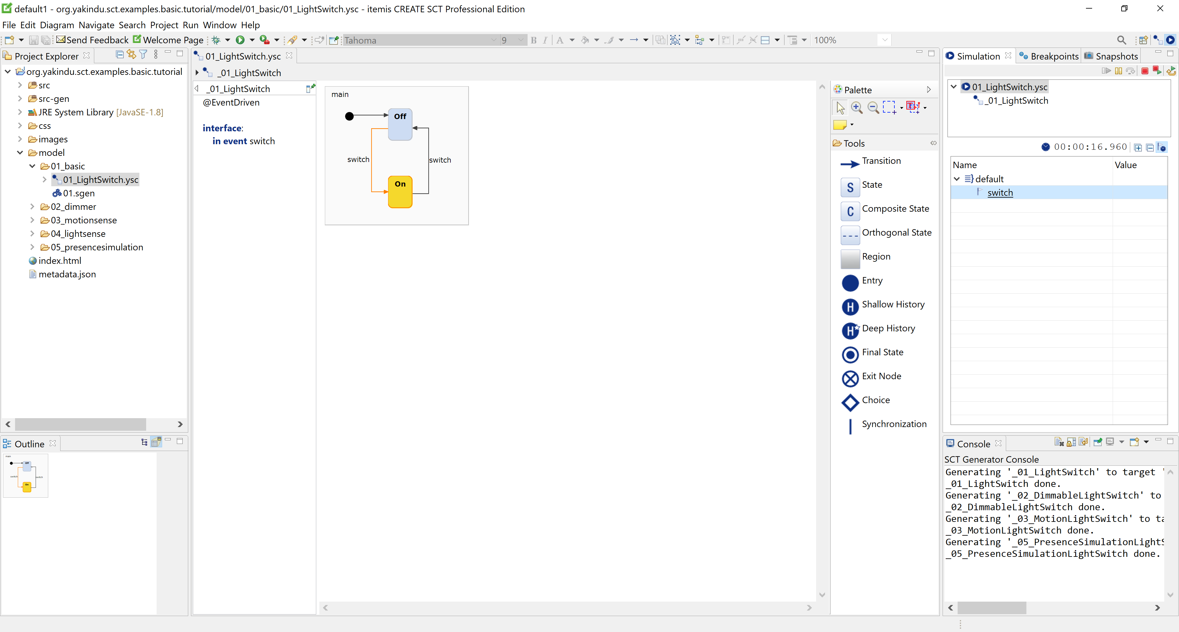 Interactive light switch statechart simulation