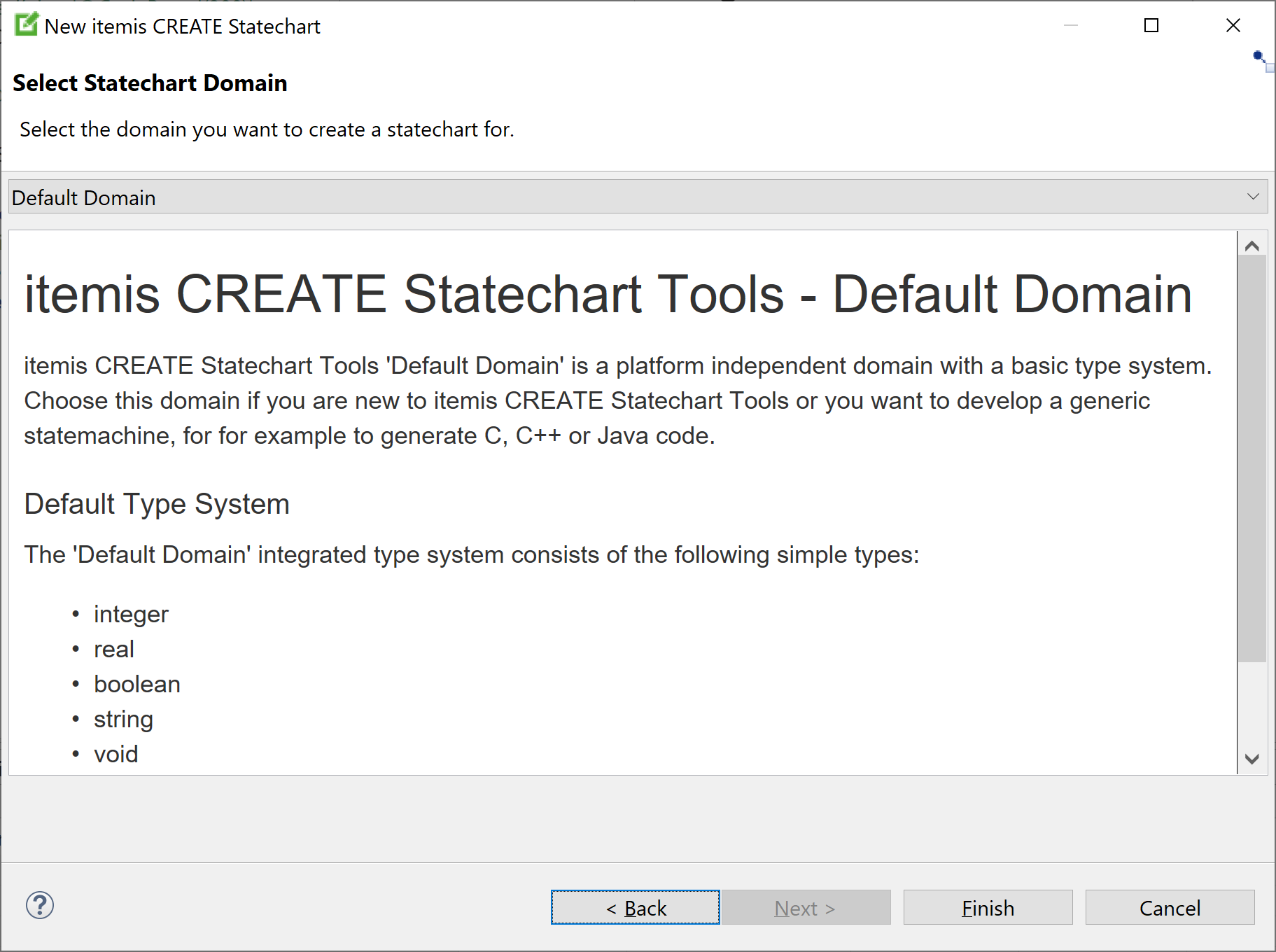 Selecting a statechart domain