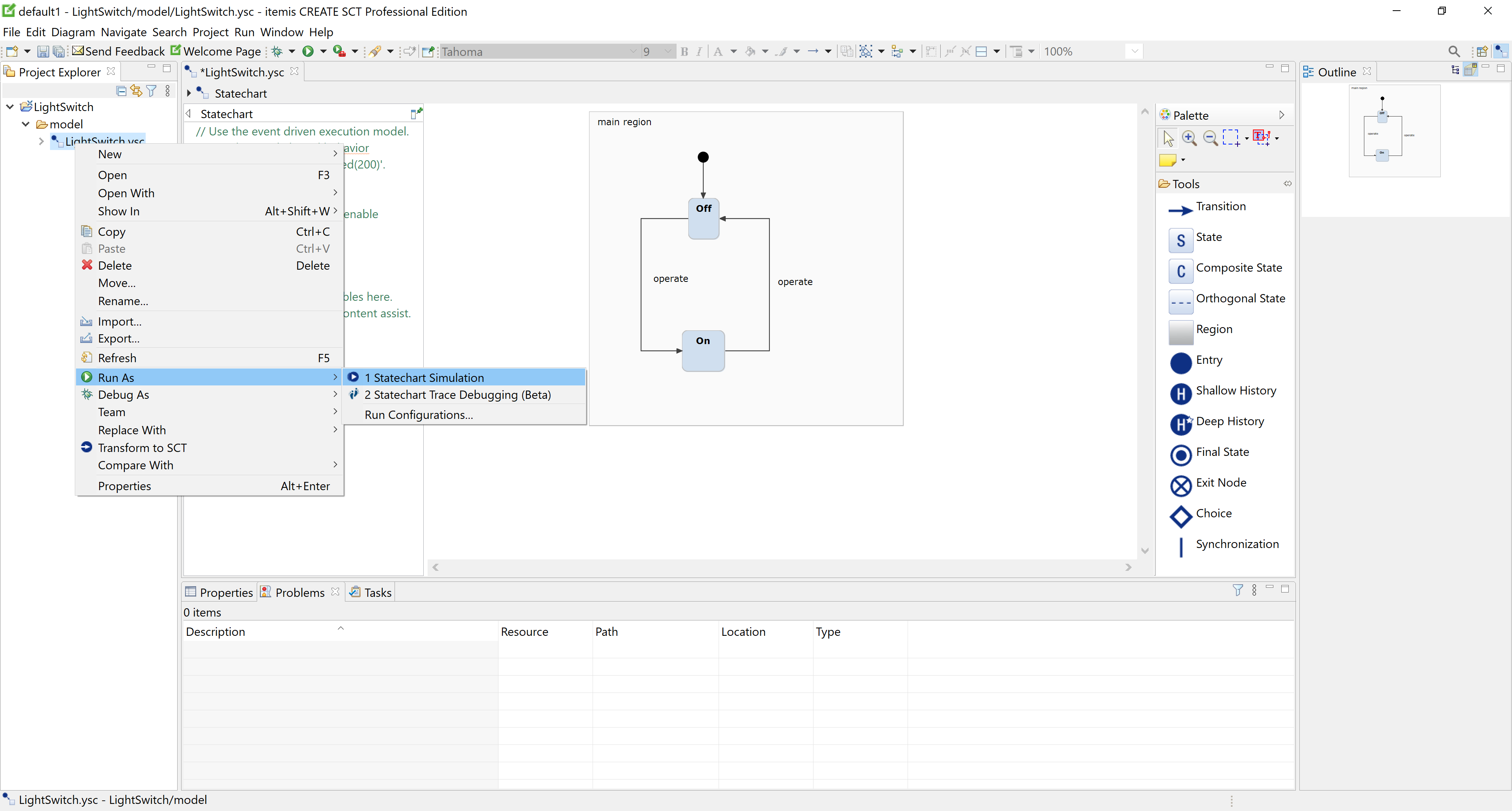 Selecting "Run As → Statechart Simulation" in the context menu