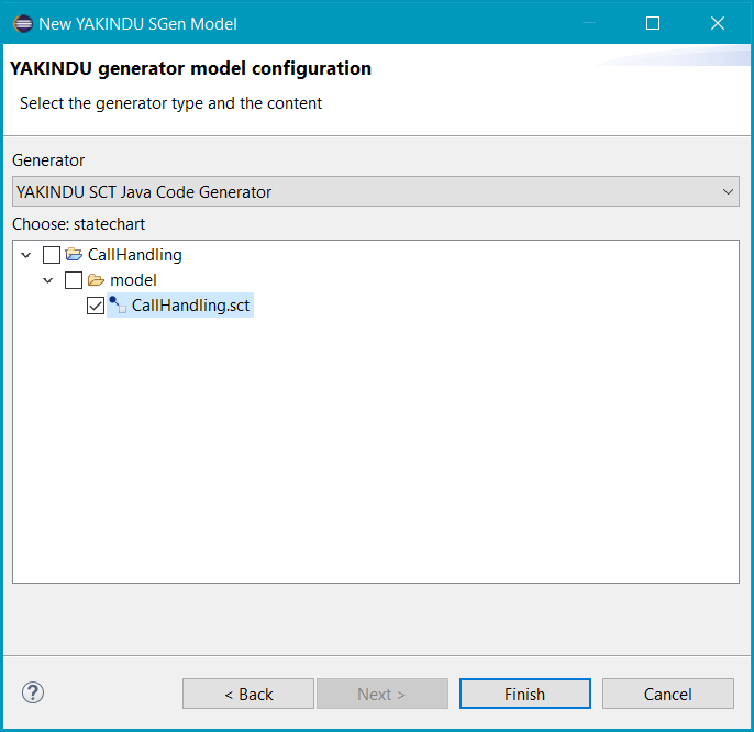 Selecting generator type and statechart model