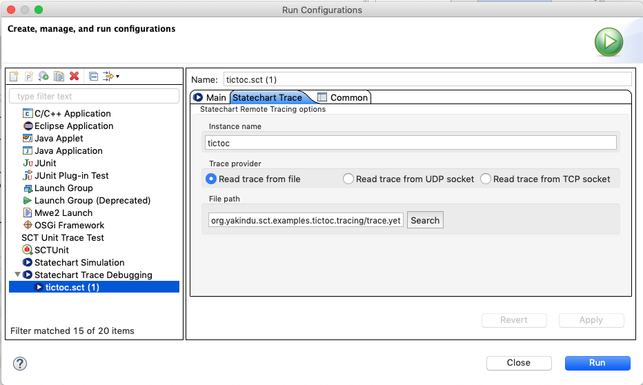 Configuration of trace debug session