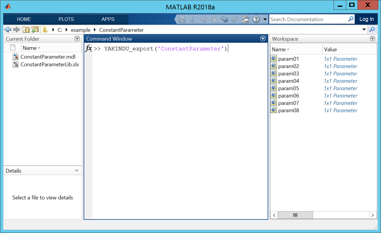 Entering the export command on the Matlab command-line