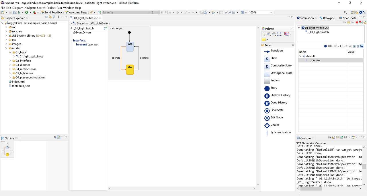 Interactive light switch statechart simulation
