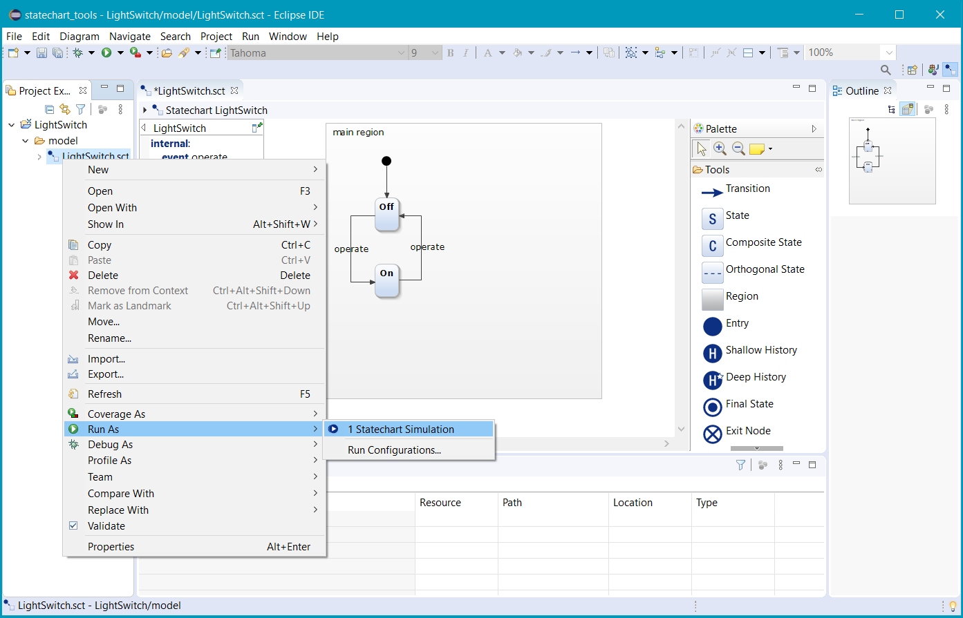Selecting "Run As → Statechart Simulation" in the context menu